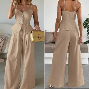 SHEIN Beige 2 Piece Women's Regular Size Outfit Set Camisole & Wide-Leg Pants S
